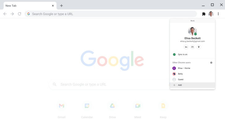 Chrome browser displaying the profile switcher dialog box.