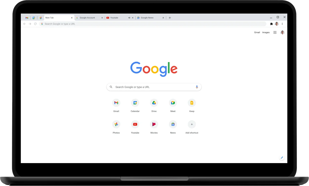 Top-left corner of a Pixelbook laptop with screen displaying Google.com.