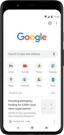Pixel 4 XL phone with screen displaying Google.com search bar, favorite apps and suggested articles.