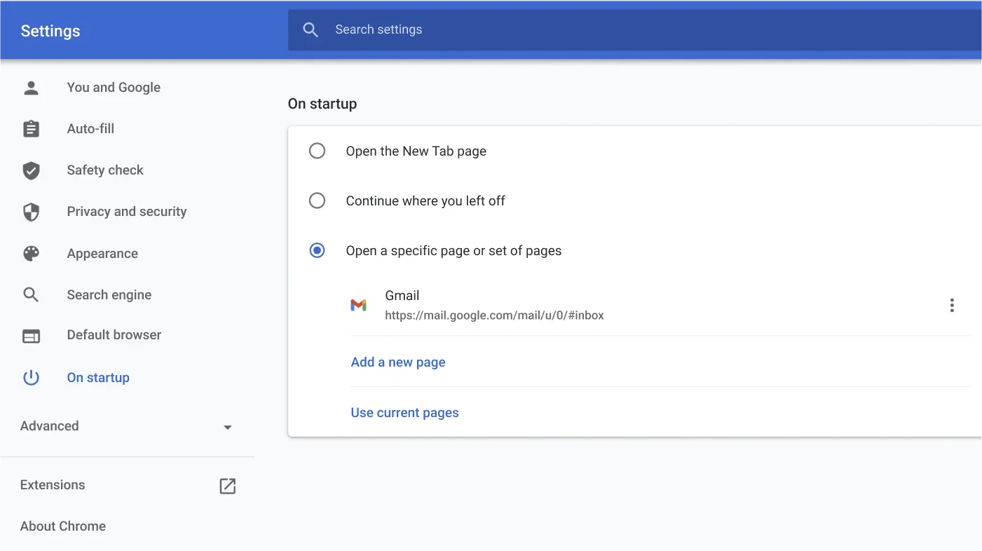 Chrome Browser settings window showing the On start-up options menu.