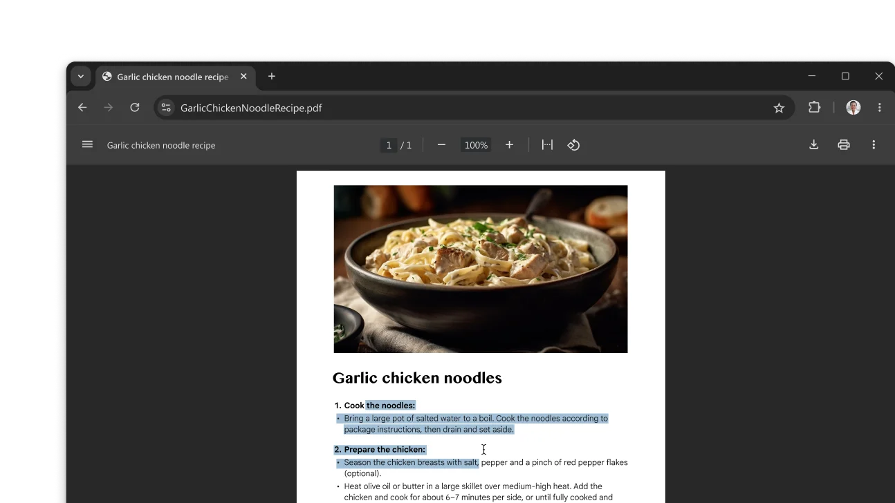 A PDF featuring a recipe is open in a Chrome browser window. The user has selected text within the PDF.